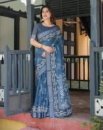 Slate Indigo Bamboo Grove Digital Print Linen Cotton Saree