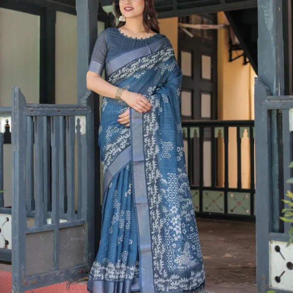 Slate Indigo Bamboo Grove Digital Print Linen Cotton Saree