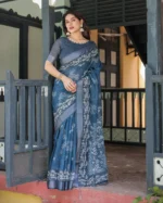 Slate Indigo Bamboo Grove Digital Print Linen Cotton Saree - Image 2