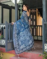 Slate Indigo Bamboo Grove Digital Print Linen Cotton Saree - Image 5