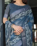 Slate Indigo Bamboo Grove Digital Print Linen Cotton Saree - Image 4