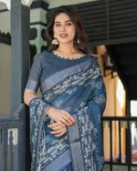 Slate Indigo Bamboo Grove Digital Print Linen Cotton Saree - Image 3