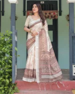 Vintage Cream & Cocoa Heritage Floral Digital Print Linen Cotton Saree