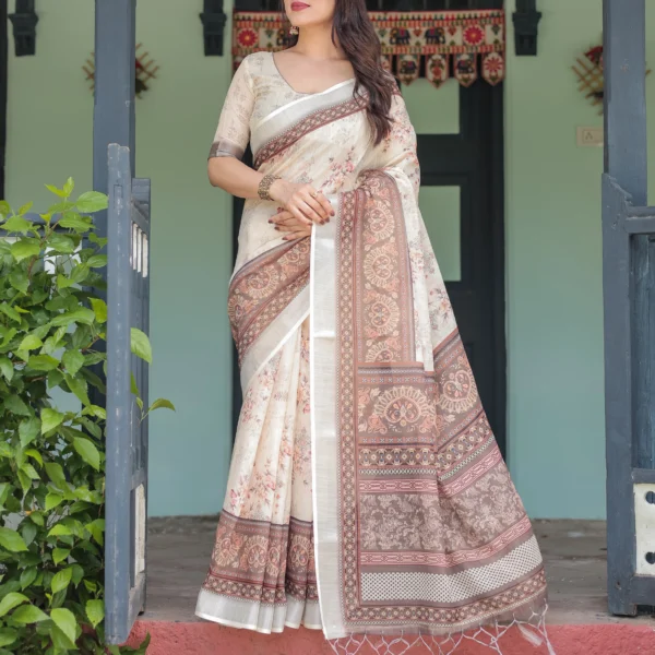 Vintage Cream & Cocoa Heritage Floral Digital Print Linen Cotton Saree