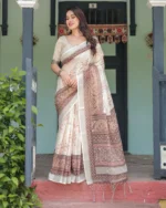 Vintage Cream & Cocoa Heritage Floral Digital Print Linen Cotton Saree - Image 2