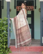 Vintage Cream & Cocoa Heritage Floral Digital Print Linen Cotton Saree - Image 5