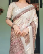 Vintage Cream & Cocoa Heritage Floral Digital Print Linen Cotton Saree - Image 4
