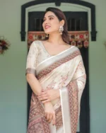 Vintage Cream & Cocoa Heritage Floral Digital Print Linen Cotton Saree - Image 3