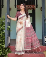 Ivory Elegance Digital Print Linen Cotton Saree in Mauve & Coral Accent
