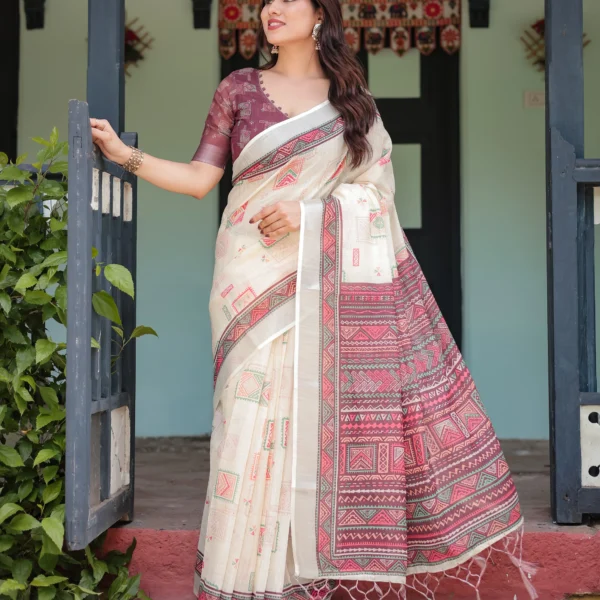 Ivory Elegance Digital Print Linen Cotton Saree in Mauve & Coral Accent
