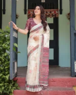 Ivory Elegance Digital Print Linen Cotton Saree in Mauve & Coral Accent - Image 2