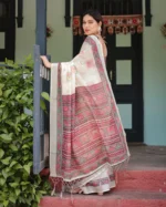 Ivory Elegance Digital Print Linen Cotton Saree in Mauve & Coral Accent - Image 5
