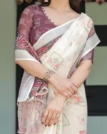 Ivory Elegance Digital Print Linen Cotton Saree in Mauve & Coral Accent - Image 4