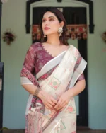 Ivory Elegance Digital Print Linen Cotton Saree in Mauve & Coral Accent - Image 3