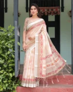 Peach Blush Heritage Geometric Border Digital Print Linen Cotton Saree