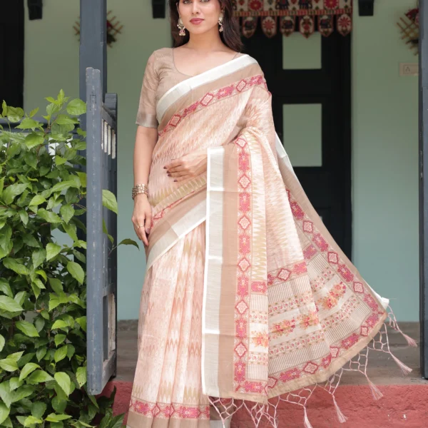 Peach Blush Heritage Geometric Border Digital Print Linen Cotton Saree