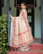 Peach Blush Heritage Geometric Border Digital Print Linen Cotton Saree - Image 5