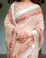 Peach Blush Heritage Geometric Border Digital Print Linen Cotton Saree - Image 4