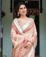 Peach Blush Heritage Geometric Border Digital Print Linen Cotton Saree - Image 3