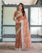 Terracotta Earth Leafy Outline Digital Print Linen Cotton Saree