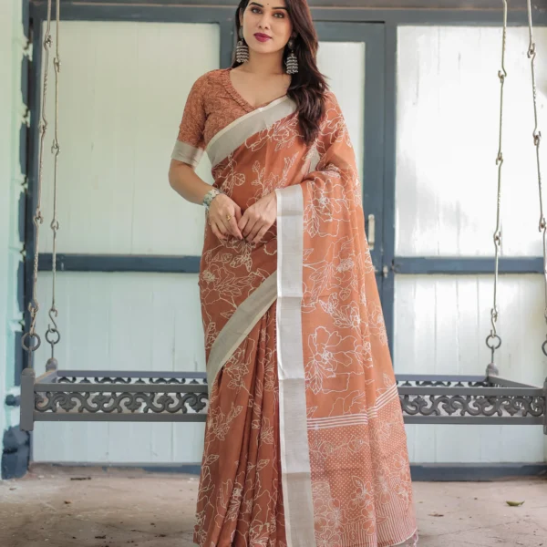 Terracotta Earth Leafy Outline Digital Print Linen Cotton Saree