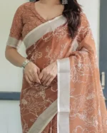 Terracotta Earth Leafy Outline Digital Print Linen Cotton Saree - Image 4