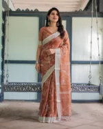 Terracotta Earth Leafy Outline Digital Print Linen Cotton Saree - Image 2
