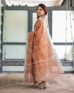 Terracotta Earth Leafy Outline Digital Print Linen Cotton Saree - Image 5