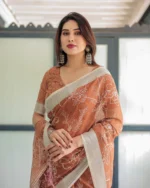 Terracotta Earth Leafy Outline Digital Print Linen Cotton Saree - Image 3