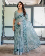 Powder Blue Geometric Fusion Digital Print Linen Cotton Saree