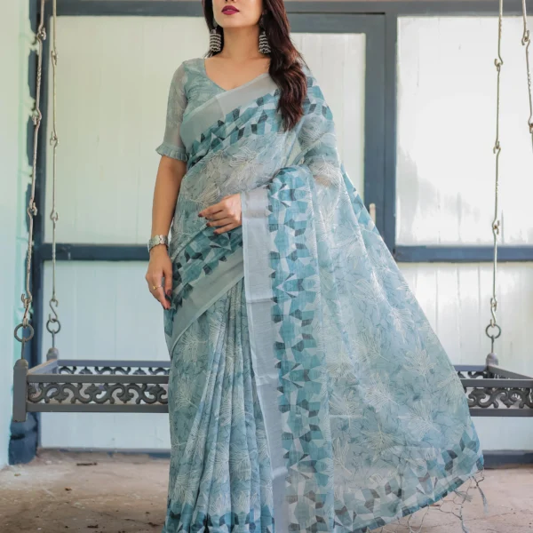 Powder Blue Geometric Fusion Digital Print Linen Cotton Saree