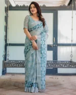 Powder Blue Geometric Fusion Digital Print Linen Cotton Saree - Image 2