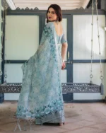 Powder Blue Geometric Fusion Digital Print Linen Cotton Saree - Image 5