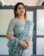 Powder Blue Geometric Fusion Digital Print Linen Cotton Saree - Image 3