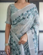 Powder Blue Geometric Fusion Digital Print Linen Cotton Saree - Image 4