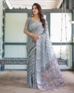 Dove Grey Geometric Ikat Digital Print Linen Cotton Saree