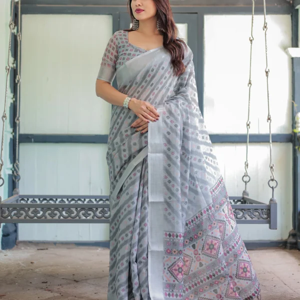 Dove Grey Geometric Ikat Digital Print Linen Cotton Saree