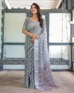 Dove Grey Geometric Ikat Digital Print Linen Cotton Saree - Image 2