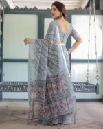 Dove Grey Geometric Ikat Digital Print Linen Cotton Saree - Image 5