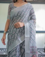 Dove Grey Geometric Ikat Digital Print Linen Cotton Saree - Image 4