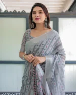 Dove Grey Geometric Ikat Digital Print Linen Cotton Saree - Image 3