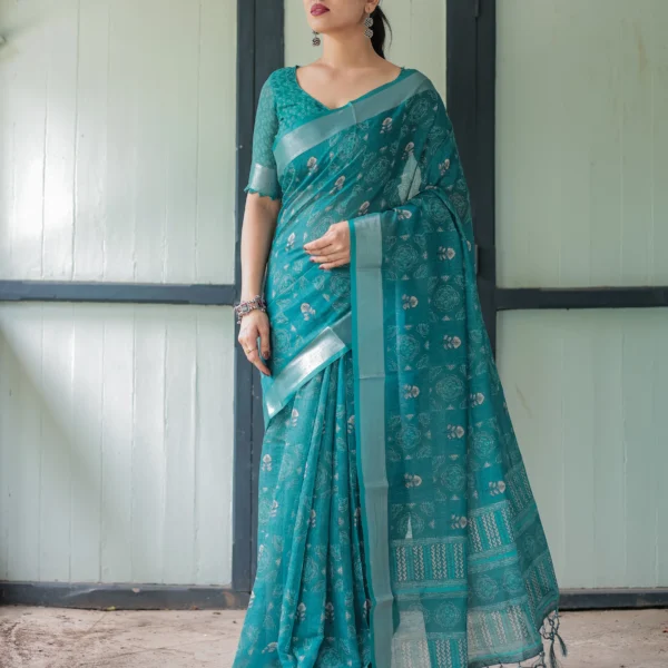 Deep Teal Heritage Digital Print Linen Cotton Saree