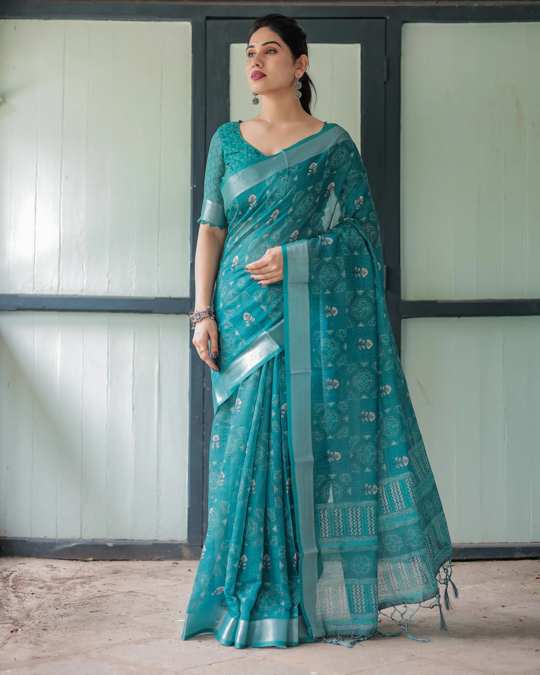 5R1A1374 Deep Teal Heritage Digital Print Linen Cotton Saree - Image 1