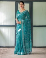 Deep Teal Heritage Digital Print Linen Cotton Saree - Image 2
