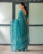 Deep Teal Heritage Digital Print Linen Cotton Saree - Image 5