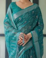 Deep Teal Heritage Digital Print Linen Cotton Saree - Image 4