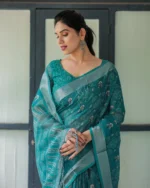 Deep Teal Heritage Digital Print Linen Cotton Saree - Image 3