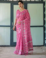 Rose Fuchsia Bandhani Fusion Digital Print Linen Cotton Saree