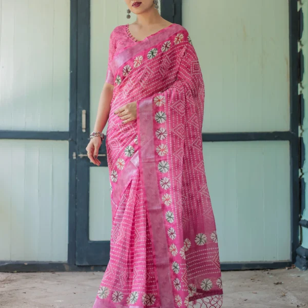 Rose Fuchsia Bandhani Fusion Digital Print Linen Cotton Saree
