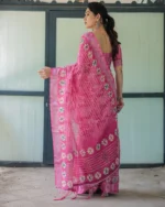 Rose Fuchsia Bandhani Fusion Digital Print Linen Cotton Saree - Image 5